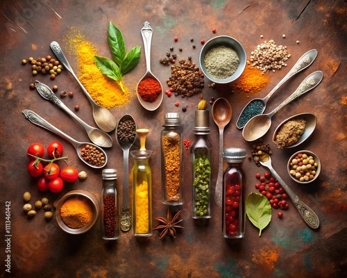 A vibrant collection of spices and herbs is beautifully laid out on a textured surface photo