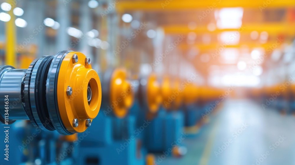 Obraz premium turbocharger installation. A modern factory interior featuring machinery and equipment with distinct orange and teal components, emphasizing industrial design and technology.