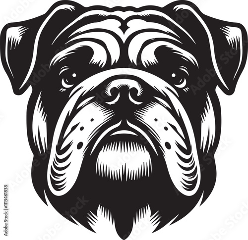 This stylized black and white vector illustration showcases a majestic bulldog, embodying strength, loyality, and resilience. perfect for designs related to pet adoption and urban lifestyle.