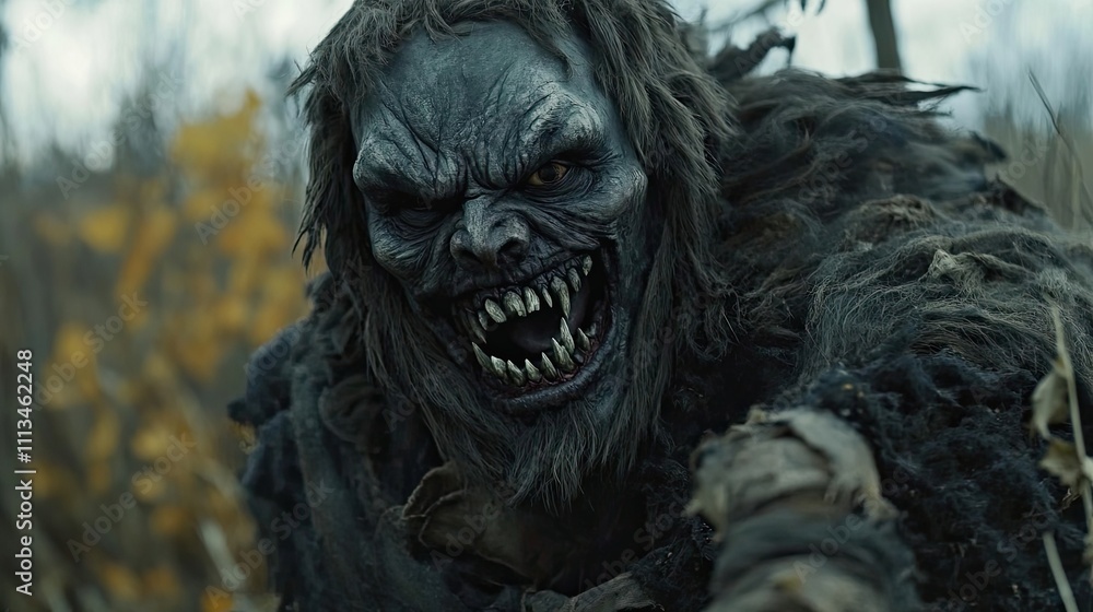 A terrifying monstrous creature lurks in the autumn woods A terrifying monstrous creature lurks in the autumn woods