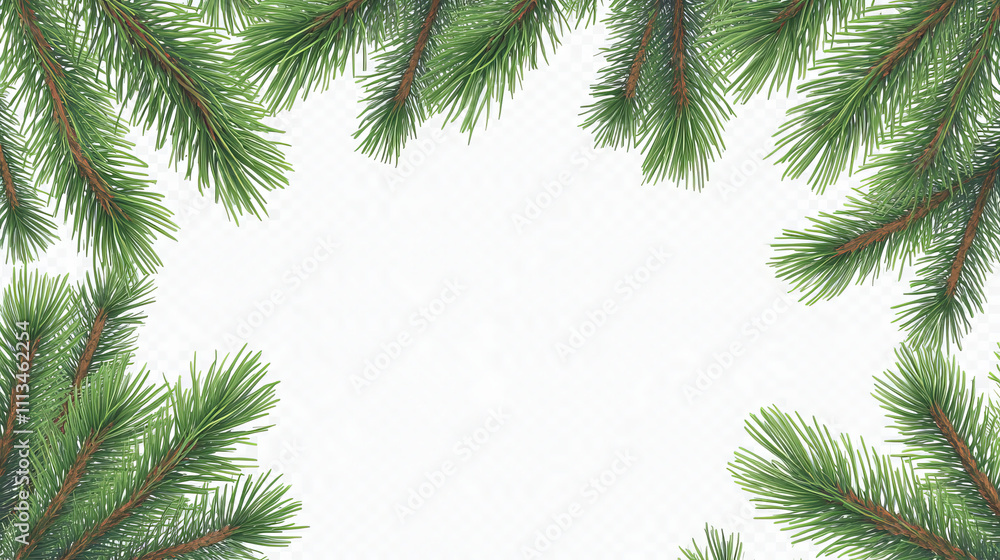 Pine tree branch border realistic vector illustration. Fir twigs with green needles, frame isolated on transparent background. Winter holiday evergreen decoration, spruce or cedar elements Pine tree branch border realistic vector illustration. Fir twigs with green needles, frame isolated on transparent background. Winter holiday evergreen decoration, spruce or cedar elements