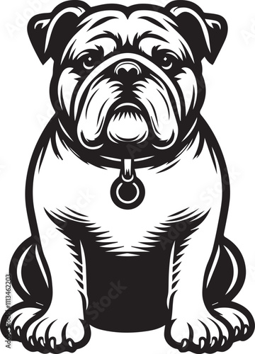 This stylized black and white vector illustration showcases a majestic bulldog, embodying strength, loyality, and resilience. perfect for designs related to pet adoption and urban lifestyle.