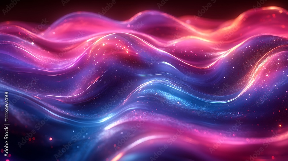 Obraz premium Wavy holographic streaks in gradient transitions from magenta to turquoise creating a luminous effect