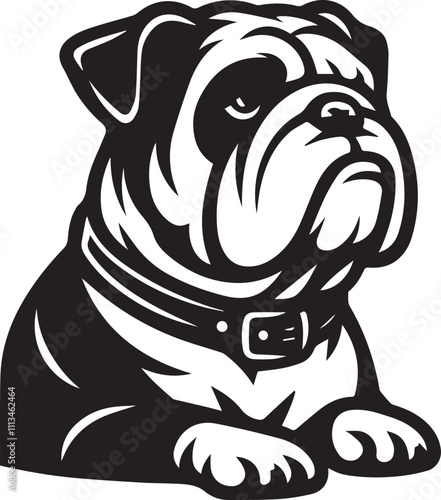 This stylized black and white vector illustration showcases a majestic bulldog, embodying strength, loyality, and resilience. perfect for designs related to pet adoption and urban lifestyle.