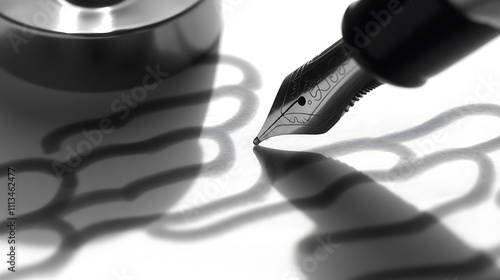 Business Black Shadow A Close-Up of Elegant Pen and Ink on Paper in a Professional Setting photo