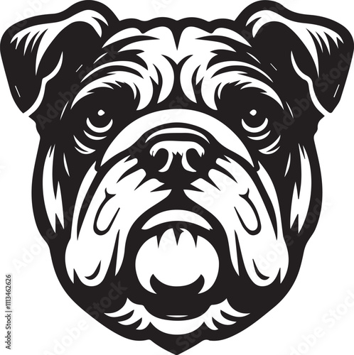 This stylized black and white vector illustration showcases a majestic bulldog, embodying strength, loyality, and resilience. perfect for designs related to pet adoption and urban lifestyle.