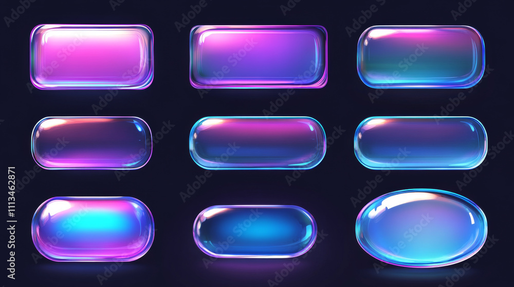 Glass banner or plate, set of realistic vector illustrations. Blank rectangular and round clear acrylic glass panel with reflection and glossy glow isolated on transparent background, button or badge Glass banner or plate, set of realistic vector illustrations. Blank rectangular and round clear acrylic glass panel with reflection and glossy glow isolated on transparent background, button or badge