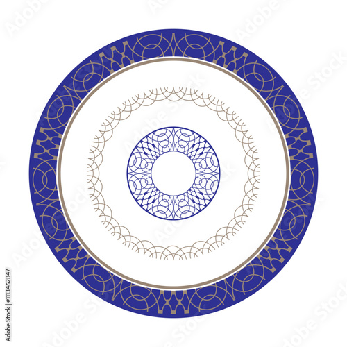 Blue and gold plate with openwork element in the center. Vintage, ethnic vector frame with arabesques. Beautiful round frame arabesque. Pattern frame for round surfac, household utensil, textile. EPS