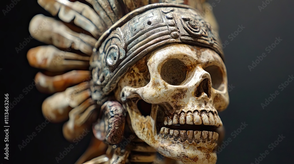Obraz premium Ornate Headdress Adorns Ancient Mayan Skull Sculpture