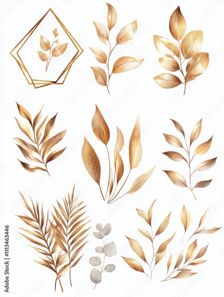 Luxury botanical gold wedding frame elements on white background. Set of geometric shapes, glitters, eucalyptus, leaf branches. Elegant watercolor foliage for wedding, card, invitation, greeting. Luxury botanical gold wedding frame elements on white background. Set of geometric shapes, glitters, eucalyptus, leaf branches. Elegant watercolor foliage for wedding, card, invitation, greeting.