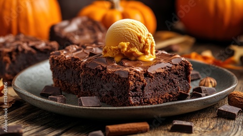 Delicious Chocolate Brownie Topped With Pumpkin Ice Cream photo