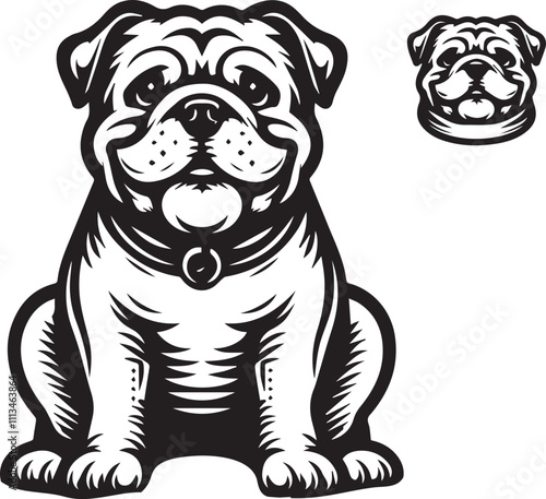 This stylized black and white vector illustration showcases a majestic bulldog, embodying strength, loyality, and resilience. perfect for designs related to pet adoption and urban lifestyle.
