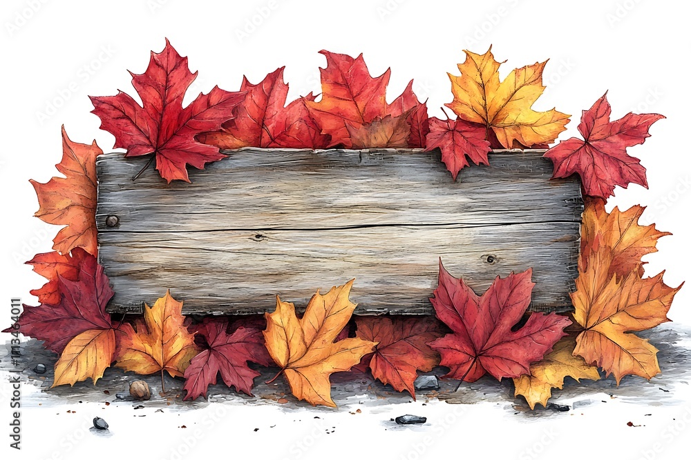Obraz premium Empty wooden sign with space for text on a background of tree branches with autumn leaves. The template for a banner or an advertisement for a seasonal discount. 