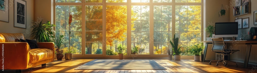 Fototapeta premium A sunny home office with floor-to-ceiling windows, offering plenty of natural light