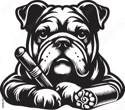 This stylized black and white vector illustration showcases a majestic bulldog, embodying strength, loyality, and resilience. perfect for designs related to pet adoption and urban lifestyle.