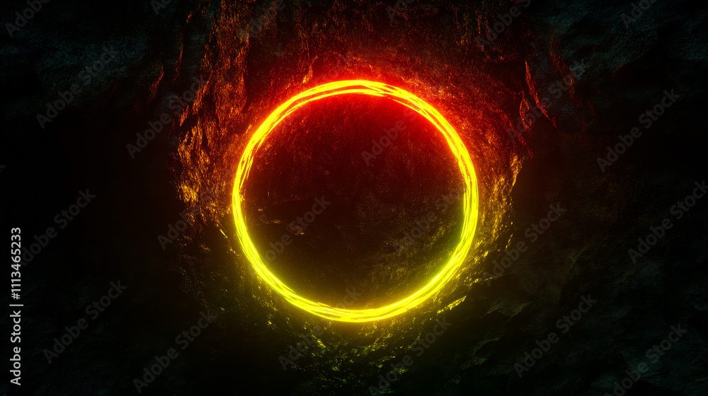 Solar eclipse and moon light neon ring vector. Fire glow in halo. Galaxy effect on fantasy sphere in yellow and red. Realistic frame overlay. Total black background and magic edge sparks energy Solar eclipse and moon light neon ring vector. Fire glow in halo. Galaxy effect on fantasy sphere in yellow and red. Realistic frame overlay. Total black background and magic edge sparks energy