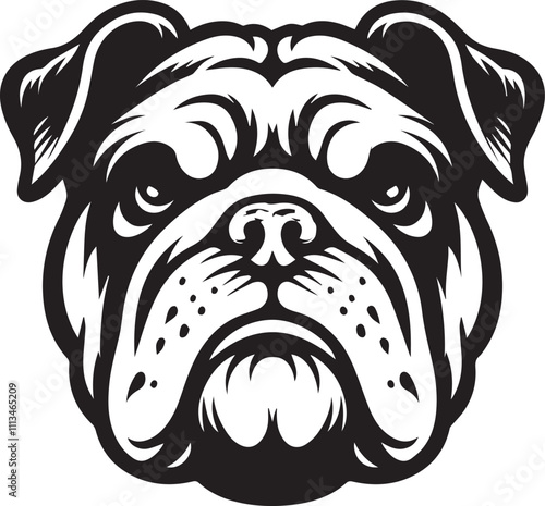 This stylized black and white vector illustration showcases a majestic bulldog, embodying strength, loyality, and resilience. perfect for designs related to pet adoption and urban lifestyle.