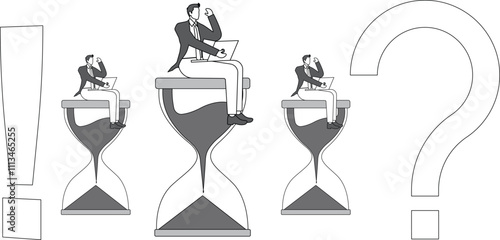 A countdown, a set amount of time to make a decision or solve a problem, and an isometric tangle of businessmen sitting on an hourglass between a question mark and an exclamation point