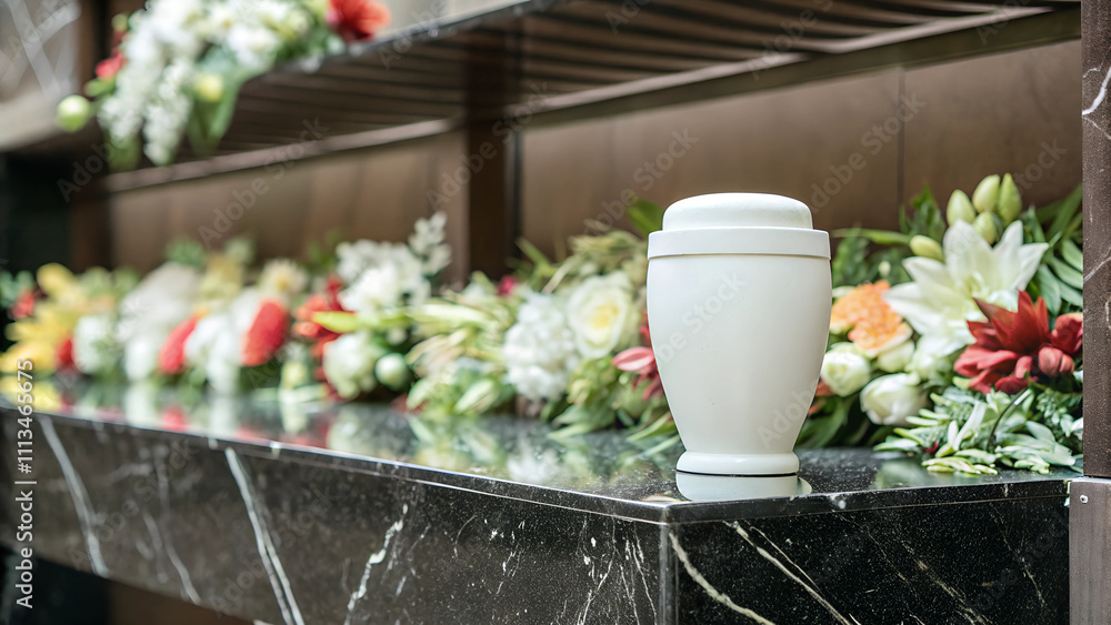 White marble urn with ashes on black marble shelf with mourning flowers White marble urn with ashes on black marble shelf with mourning flowers