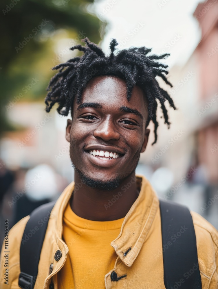 Trendy young black African man smiling at camera in downtown city, real people Trendy young black African man smiling at camera in downtown city, real people