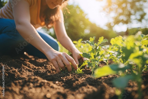 Child helping their mother plant seeds in a garden, half-body shot, bright outdoor setting, showcasing the nurturing aspect of motherhood on Motherâ€™s Day.