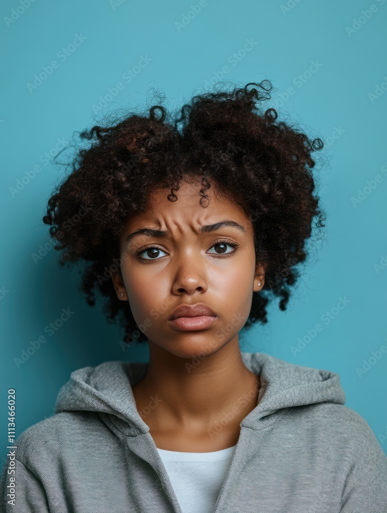 Unhappy sad African American woman tilts head, upset because of bad news, tilts head, wears grey jacket, looks gloomy and indifferent, stands against blue background. Negative emotions concept Unhappy sad African American woman tilts head, upset because of bad news, tilts head, wears grey jacket, looks gloomy and indifferent, stands against blue background. Negative emotions concept