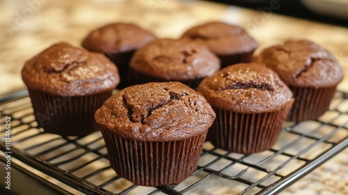 Seven freshly baked chocolate muffins cooling on a wire rack.