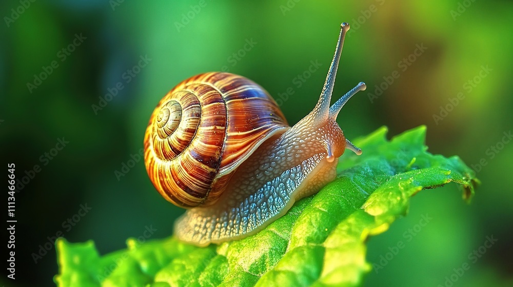 Close-up of a snail on a green leaf. Close-up of a snail on a green leaf.