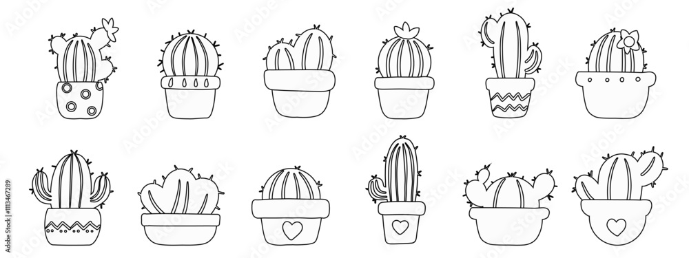 Simple coloring page with cute cactus. Set of potted plants. Contour of houseplants in pots. Silhouettes of domestic plants. Funny cute vector illustration isolated on background. Simple coloring page with cute cactus. Set of potted plants. Contour of houseplants in pots. Silhouettes of domestic plants. Funny cute vector illustration isolated on background.