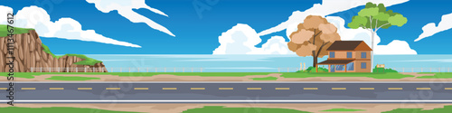 Landscape of empty asphalt road. ฺBackground is a shop by the sea under trees. Under the blue sky.