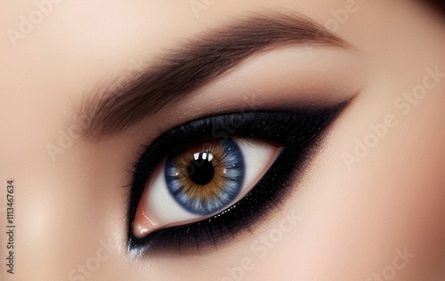 Eye makeup with eyeshadow and arrow. Beautiful macro shot of female eye make-up. Blue eye. Creative fashion make-up. Perfect shape of eyebrow. Cosmetics.