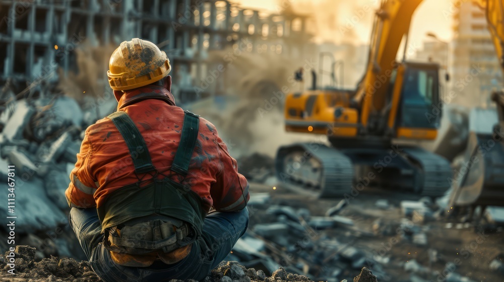 Worker Observing Heavy Machinery on Construction Site Worker Observing Heavy Machinery on Construction Site