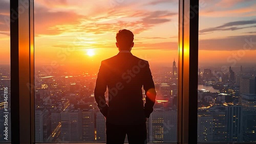  bussines man standing near panoramic windows on the sunset