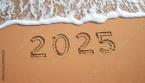 The year 2025 written in the sand on a serene beach, with gentle waves rolling in, celebrating the arrival of the New Year. Created with Generative AI photo