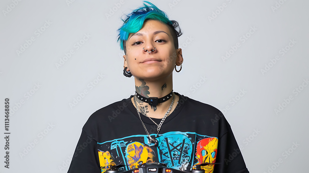 Portrait of a Young Woman with Blue Hair and a Drone Portrait of a Young Woman with Blue Hair and a Drone