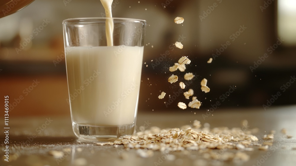Oat Milk Being Poured into a Glass Oat Milk Being Poured into a Glass