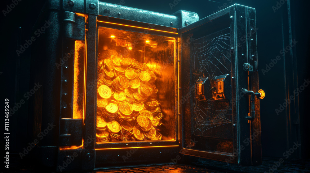 Cartoon set of safe boxes with money isolated on black background. Vector illustration of neon glowing metal vault with closed open door, spider web inside, full of golden coins and cash. Bank locker Cartoon set of safe boxes with money isolated on black background. Vector illustration of neon glowing metal vault with closed open door, spider web inside, full of golden coins and cash. Bank locker