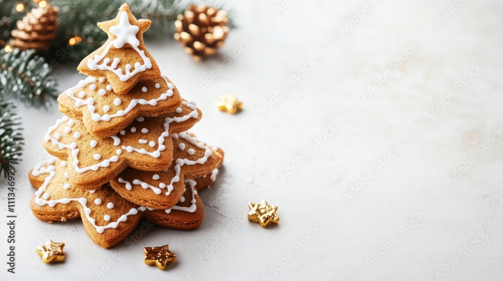 Stacked gingerbread cookies shaped as Christmas tree decorated with icing and stars on light background. Stacked gingerbread cookies shaped as Christmas tree decorated with icing and stars on light background.