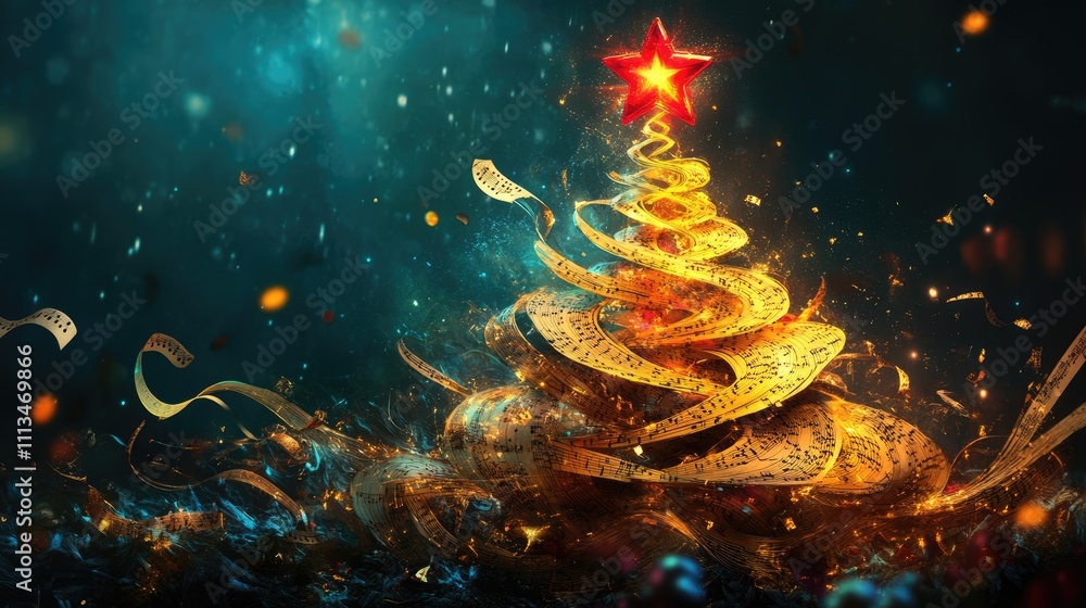 Sparkling Musical Christmas Tree with Red Star and Colorful Lights Sparkling Musical Christmas Tree with Red Star and Colorful Lights