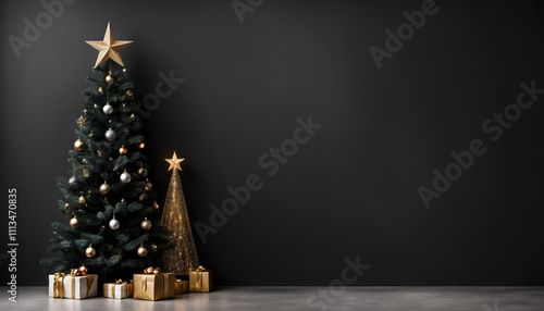 Minimalist white and gold Christmas trees with gift boxes on the floor on dark grey background. Copy space on the right side. Suitable for Christmas greeting, placing text, marketing, and branding.