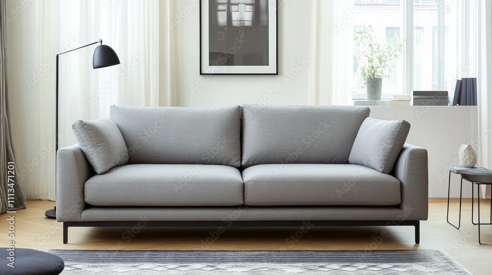 Obraz premium Modern Grey Sofa in a Bright Living Room Setting