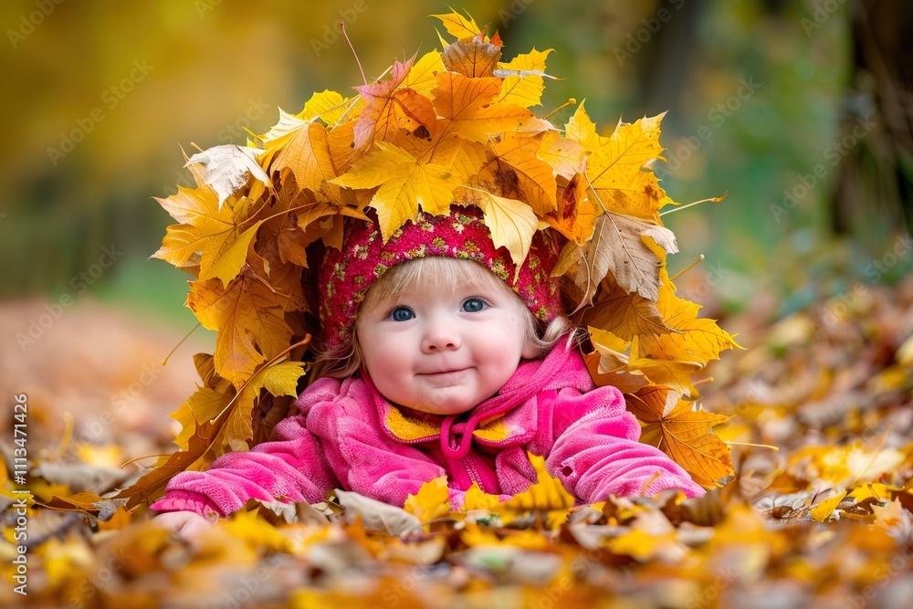 A baby is wearing a red hat and is laying in a pile of leaves A baby is wearing a red hat and is laying in a pile of leaves