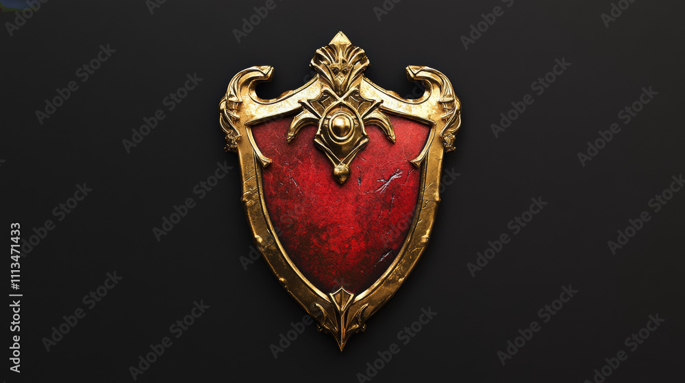 Gold game level badge ui icon for rank medal award. 3d shield button for winner. Victory rating design. Red medieval rpg app metal win interface with golden border, wings and branch illustration. Gold game level badge ui icon for rank medal award. 3d shield button for winner. Victory rating design. Red medieval rpg app metal win interface with golden border, wings and branch illustration.