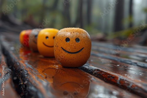 Colorful Smiley Faces on Wet Wooden Plank Surrounded by Nature, Reflecting Joy and Happiness in a Mysterious Forest Setting photo