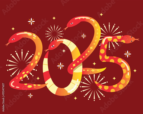 New year 2025 celebration with snake shaped numbers. Happy Chinese New Year.