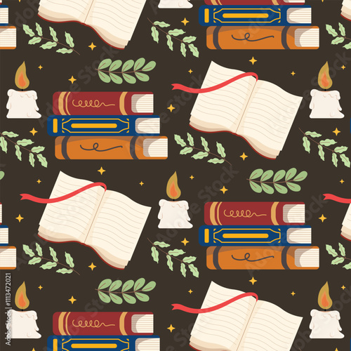 Seamless pattern of books, Stack of books and candle design. Education and knowledge vector concept.