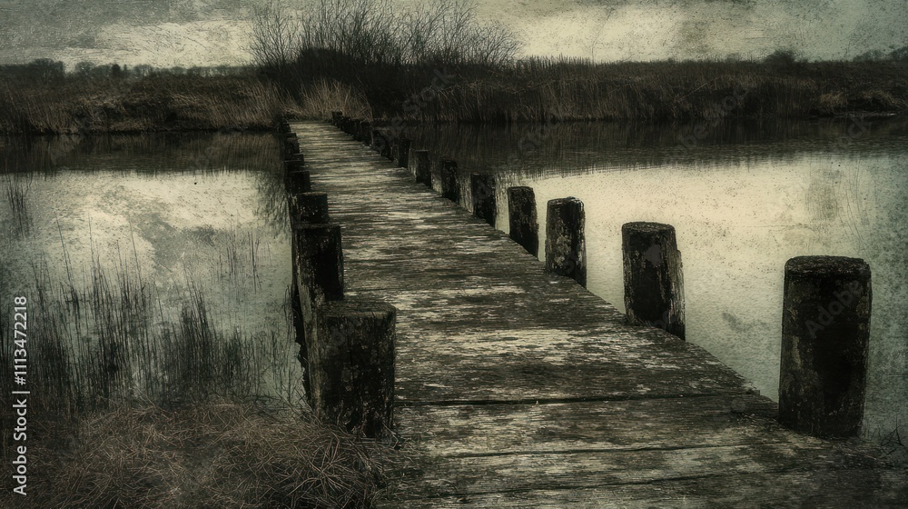 Obraz premium Old Wooden Dock Extends Over Still Water