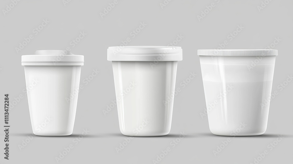 White yogurt cup and bottle mockup. Realistic 3d vector illustration set of plastic package and container for dairy products with lid and foil top. Blank template of milky goods pot packaging. White yogurt cup and bottle mockup. Realistic 3d vector illustration set of plastic package and container for dairy products with lid and foil top. Blank template of milky goods pot packaging.