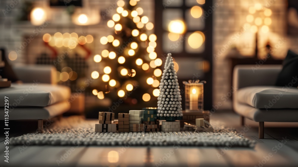 Cozy Living Room with Christmas Tree and Decorated Gifts, Featuring Soft Lighting and a Warm Atmosphere for Holiday Celebrations and Gatherings Cozy Living Room with Christmas Tree and Decorated Gifts, Featuring Soft Lighting and a Warm Atmosphere for Holiday Celebrations and Gatherings