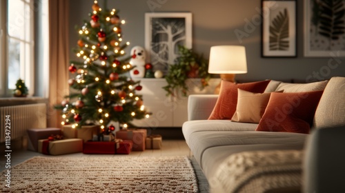 Wallpaper Mural Cozy Living Room Decorated for Christmas with a Beautifully Lit Tree, Snowman Figurine, Festive Ornaments, and Warm Ambiance Creating a Joyful Holiday Atmosphere Torontodigital.ca